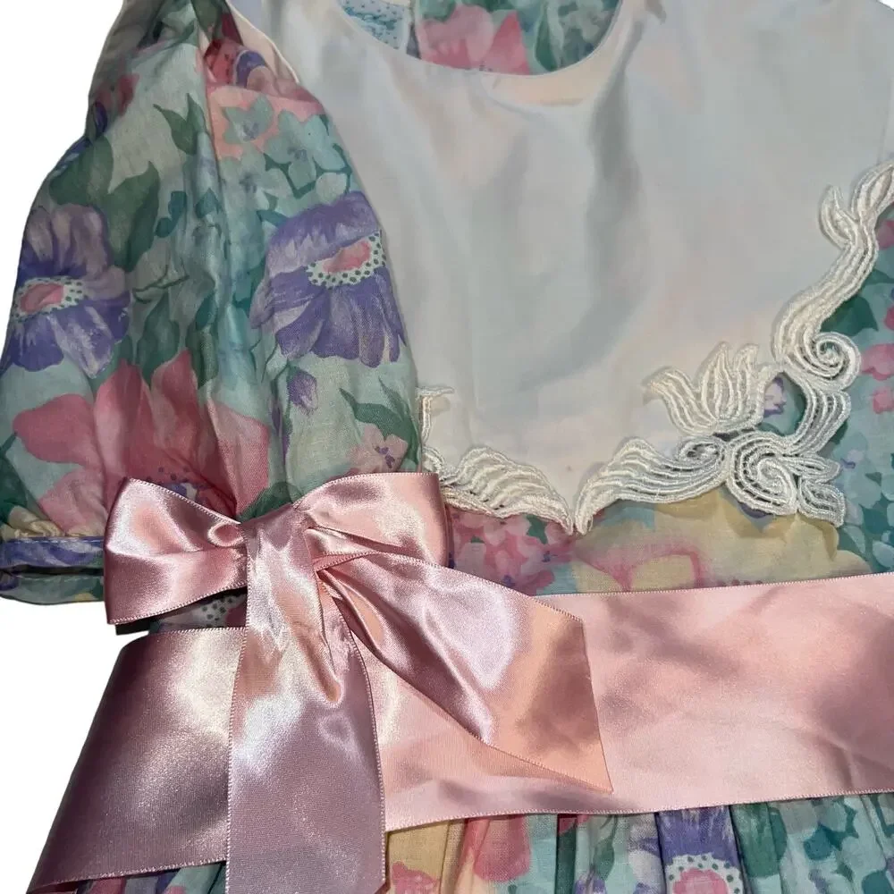 Vintage Floral  girls cottagecore dress  10 pink ribbon white lace collar